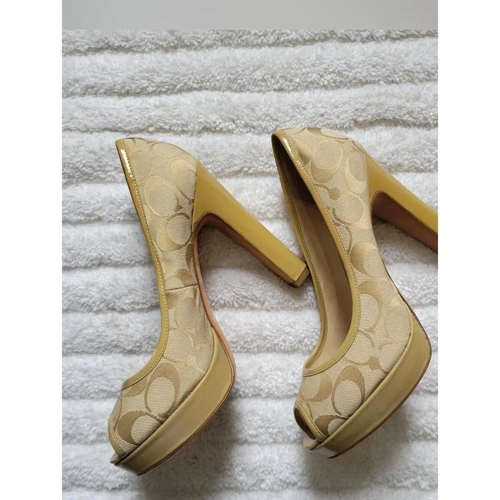 Coach Beige Gold Monogram Peep-Toe Platform Heels EUC 8.5 Minimalist Coquette